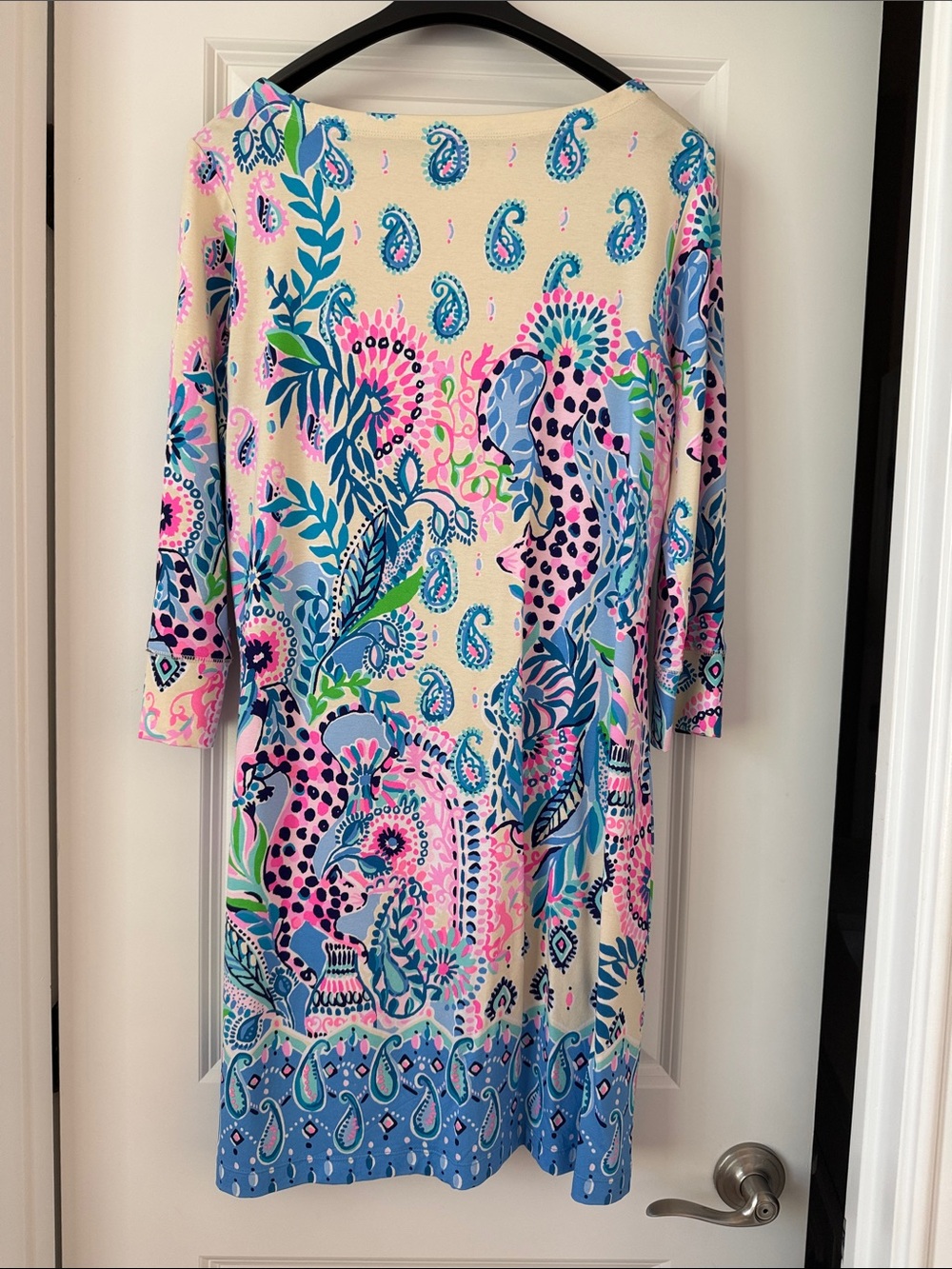 Lilly Pulitzer Cream Shift Dress with Pink & Blue Paisley &"Pink Leopard" Design - Picture 5 of 11